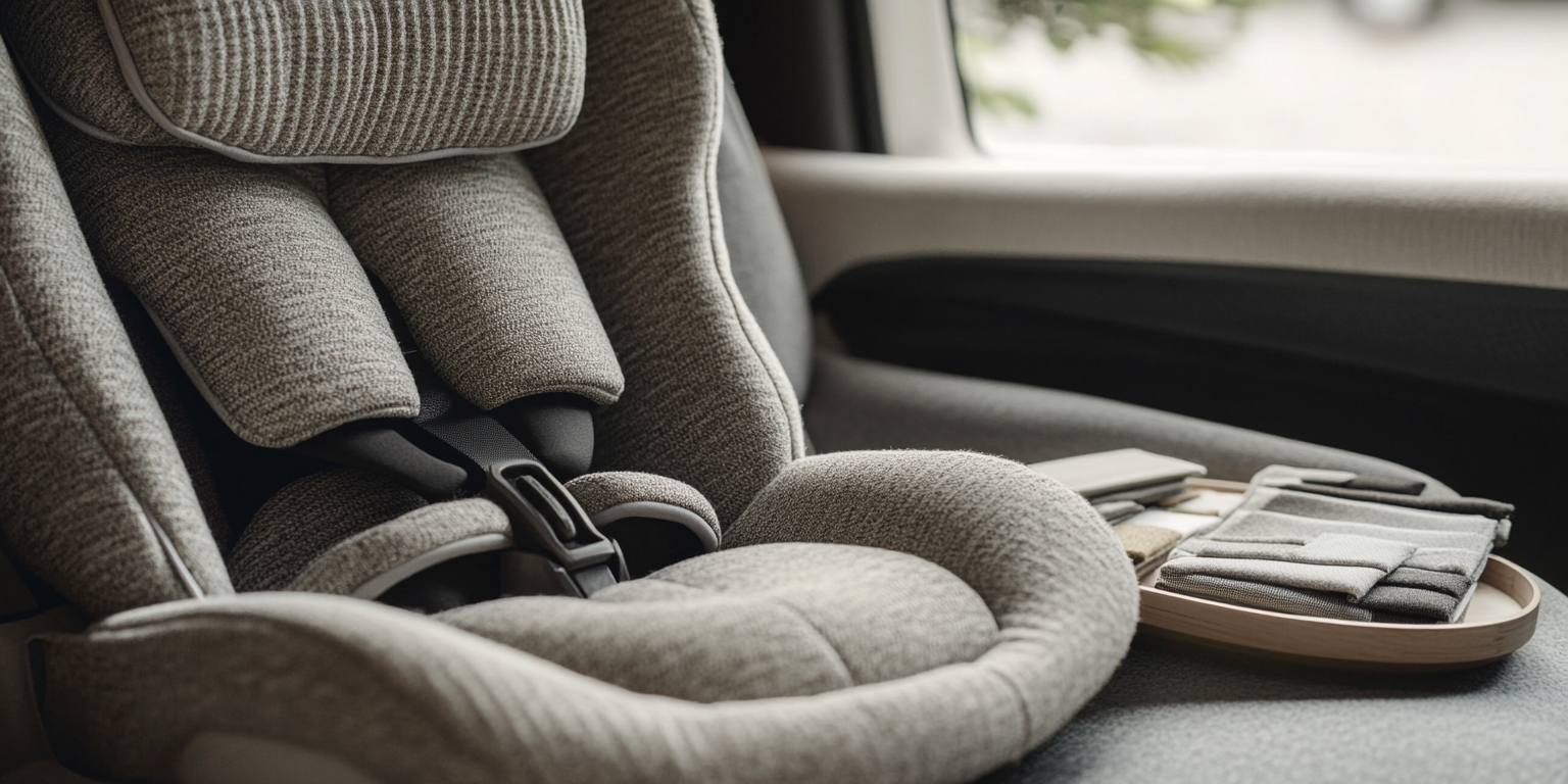 Convertible seat in Merino-wool fabric; brand states no added FR chemicals; FMVSS 302 compliant